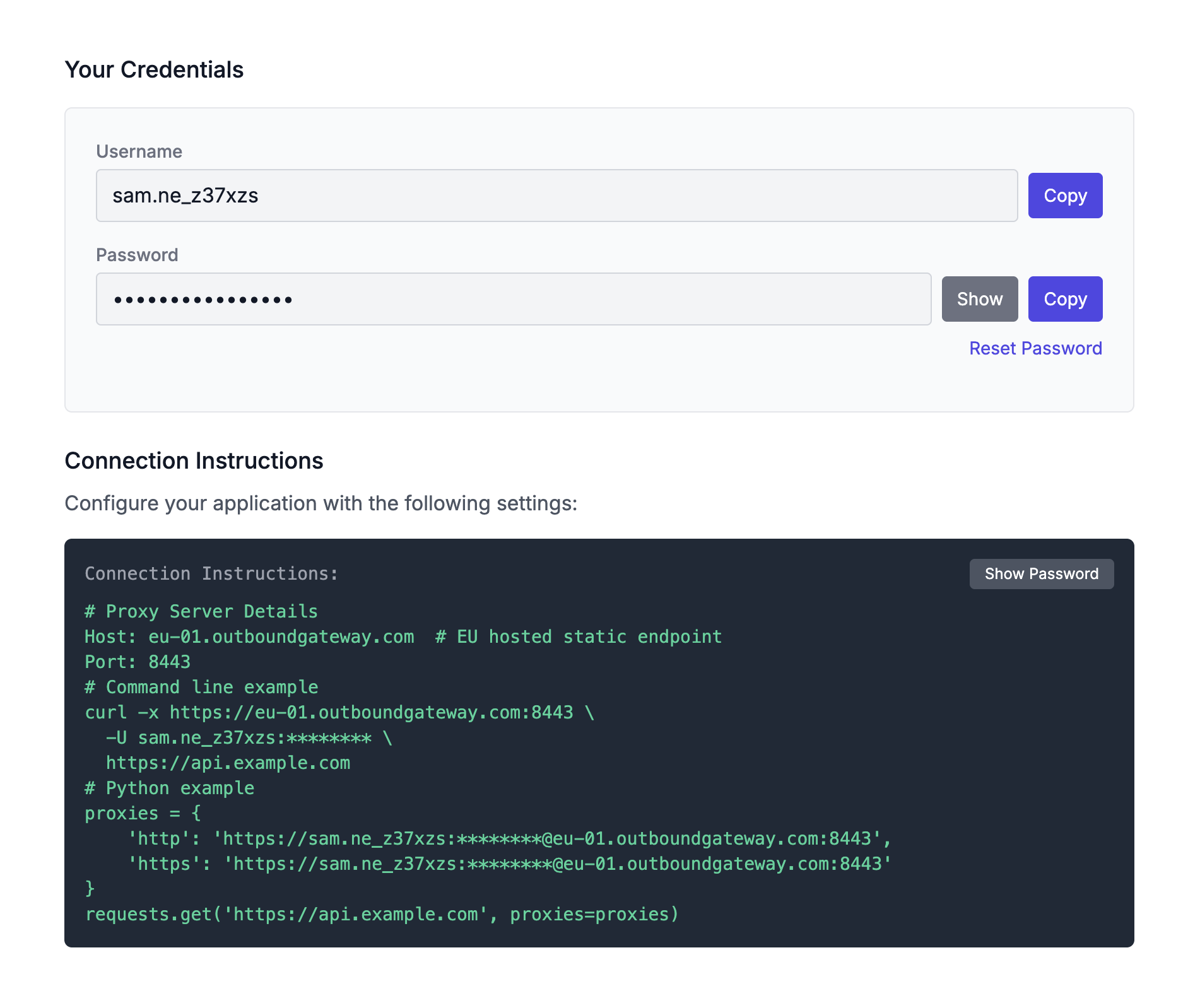 OutboundGateway credentials page