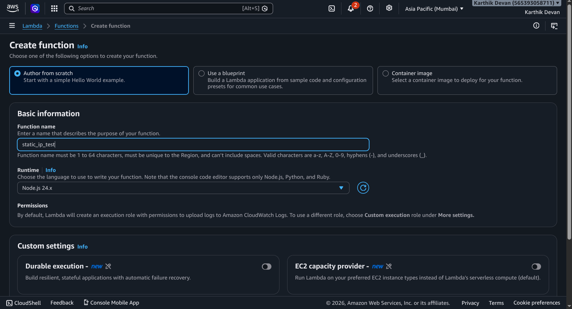 AWS Lambda Setup Page