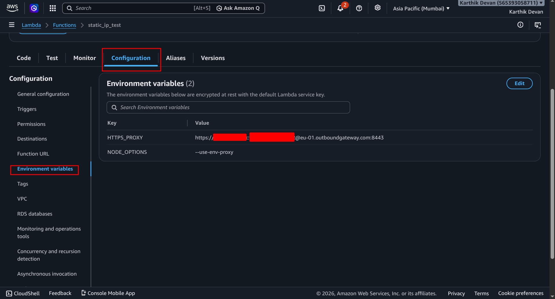 Environment variables on Lambda dashboard