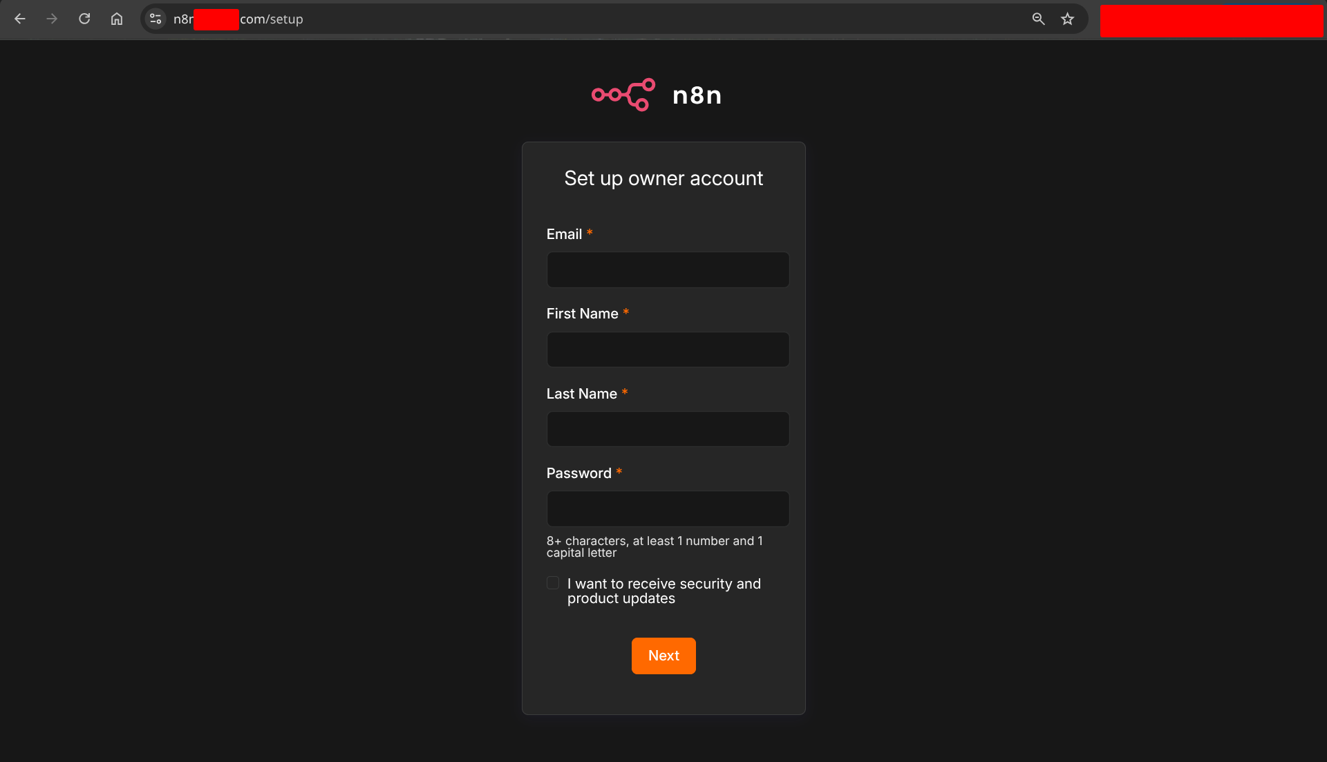n8n first-run setup screen