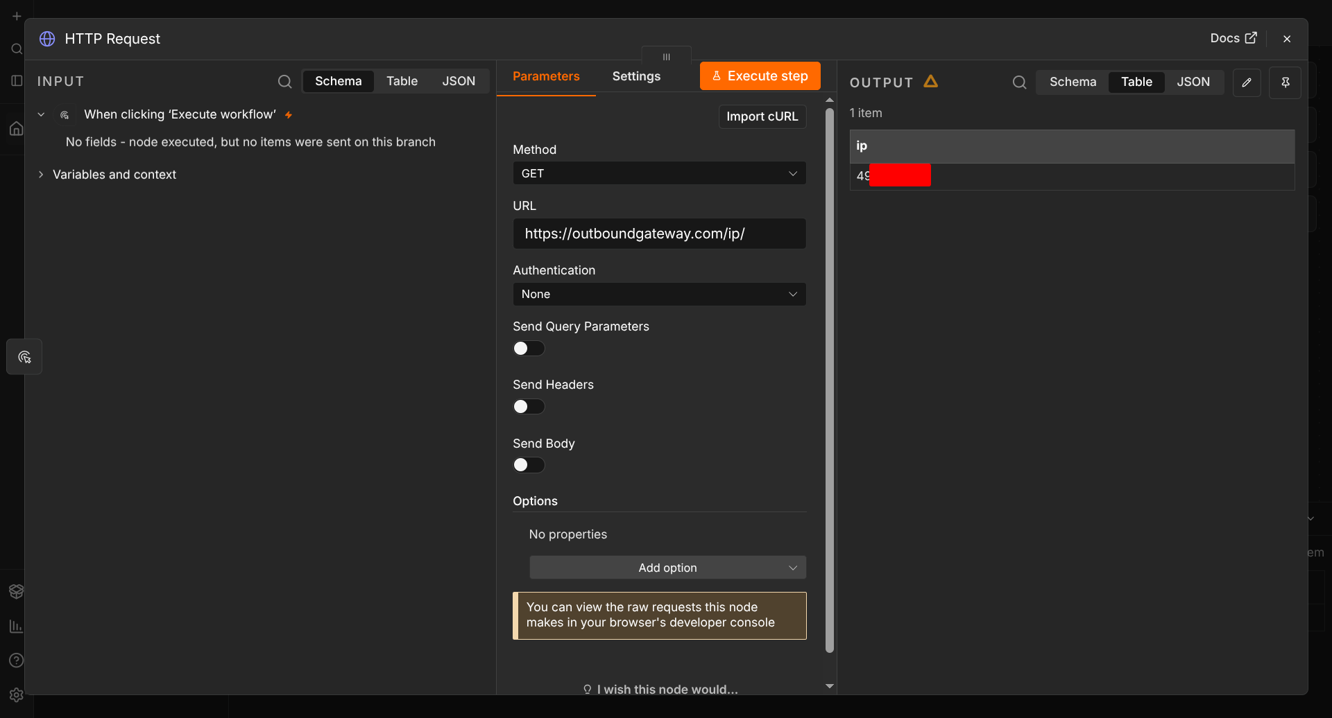 n8n HTTP request node for IP check